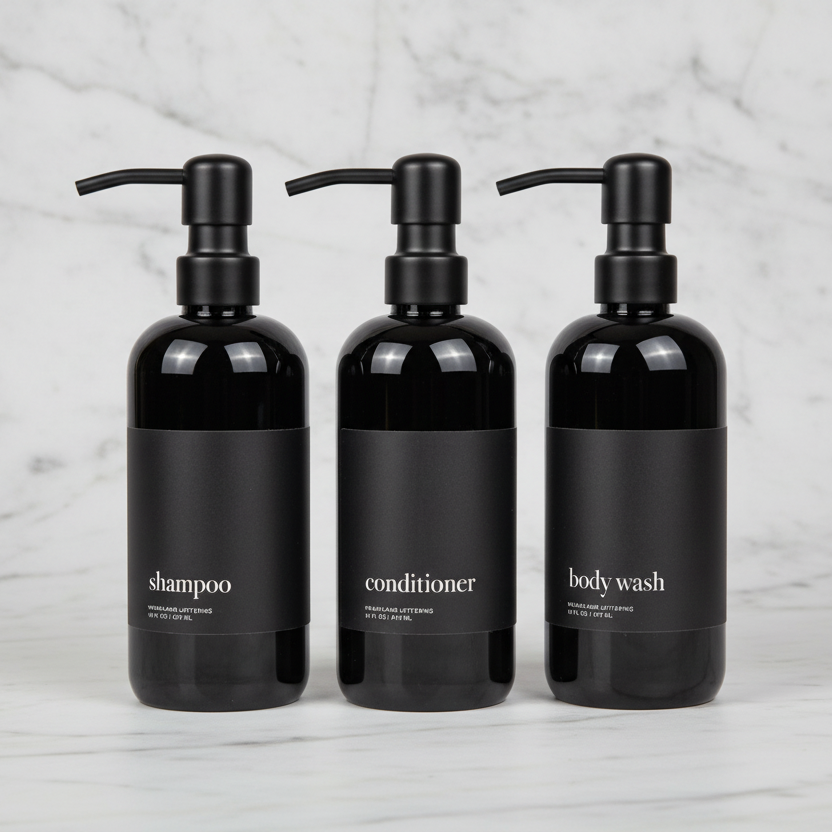 Black Minimalist Shower Dispenser Bottles - Manhattan Collection, Black Matte Label | Black Glossy Bottle: Shampoo / Black Bamboo