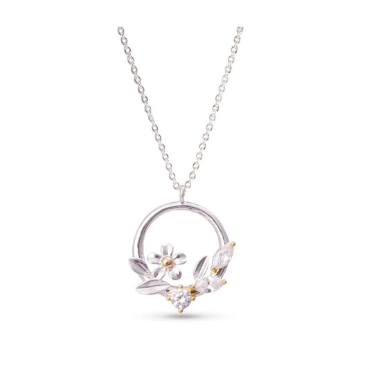 Round Floral Necklace -  Silver - AMANDA BLU