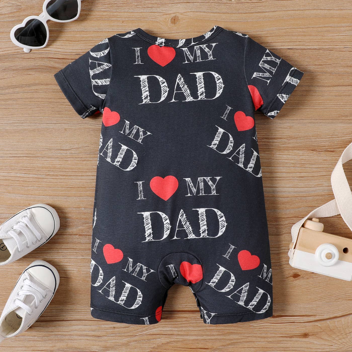 Baby Boy/Girl Allover & Heart Short-sleeve Naia™ Romper: 6-9 Months / Black