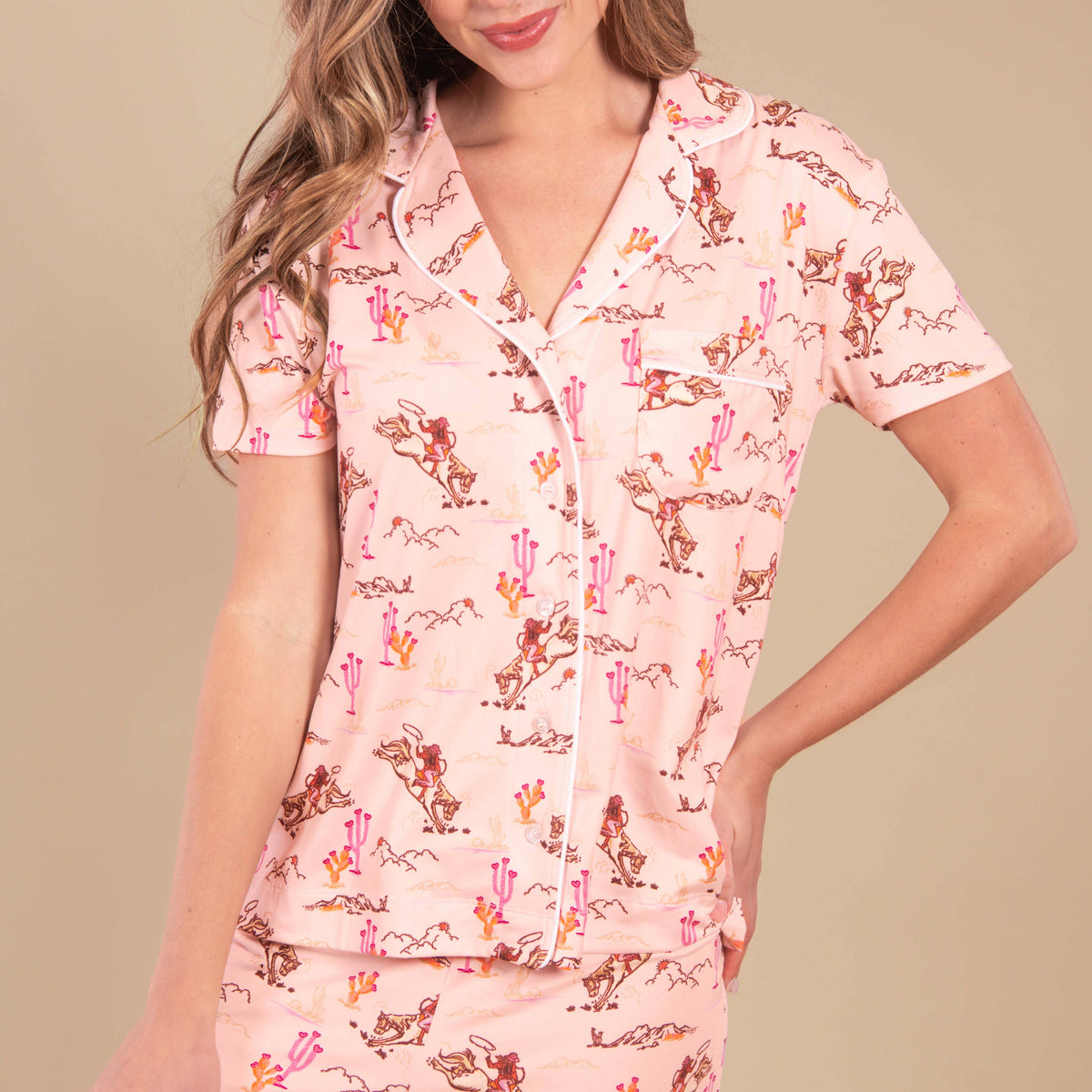 Vintage Cowgirl Pajama Top | Retro Pink Western PJ For Women: XL