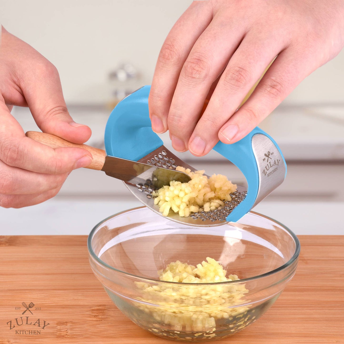 Garlic Press Rocker With Silicone Peeler & Scraper Set: Blue