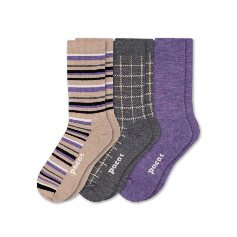 3 Pack - Women's Light-Weight Crew Pacas Socks: STRIPE/Black/Charcoal SolidAll / Medium / Large (US: 8.5 - 11.5+)