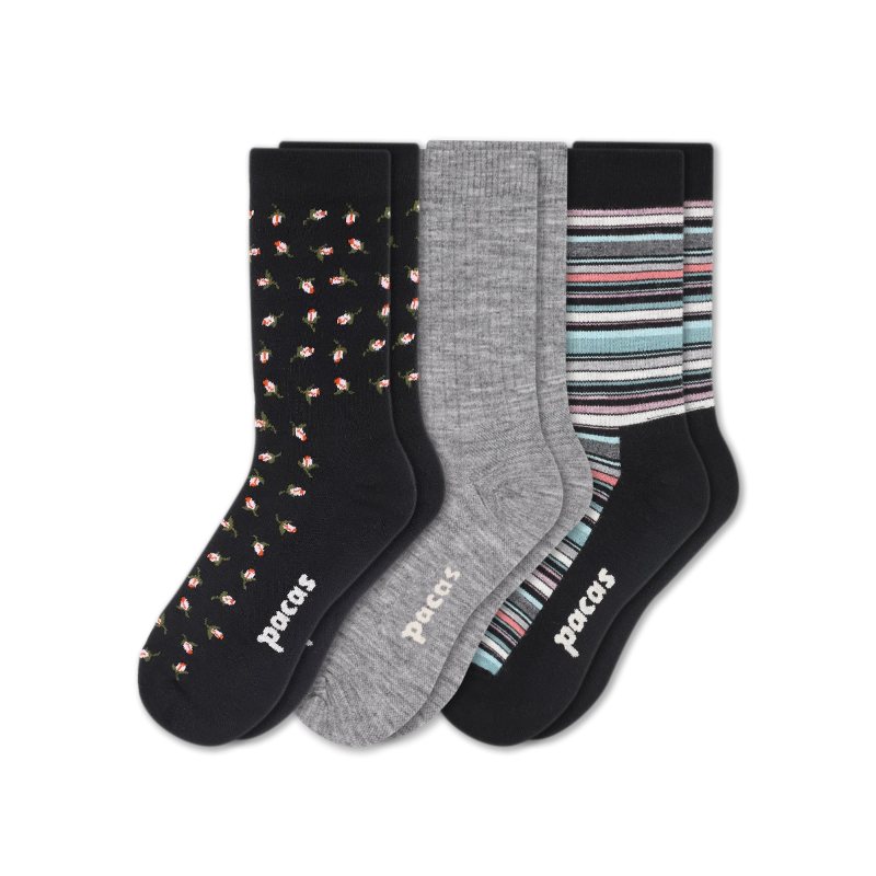 3 Pack - Women's Light-Weight Crew Pacas Socks: STRIPE/Black/Charcoal SolidAll / Medium / Large (US: 8.5 - 11.5+)