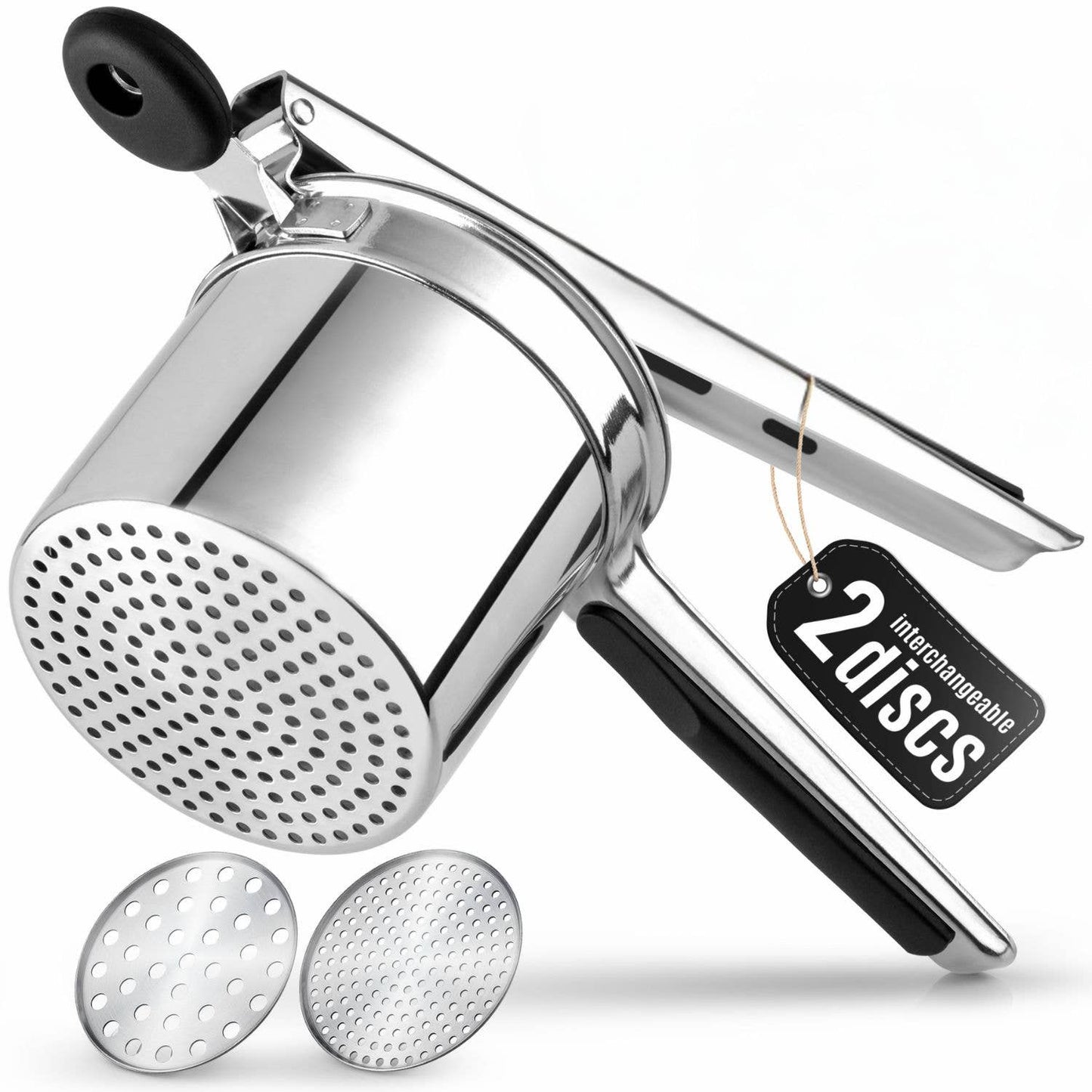 Premium Large 15oz Potato Ricer with 2 Interchangeable Discs: Silver/Black