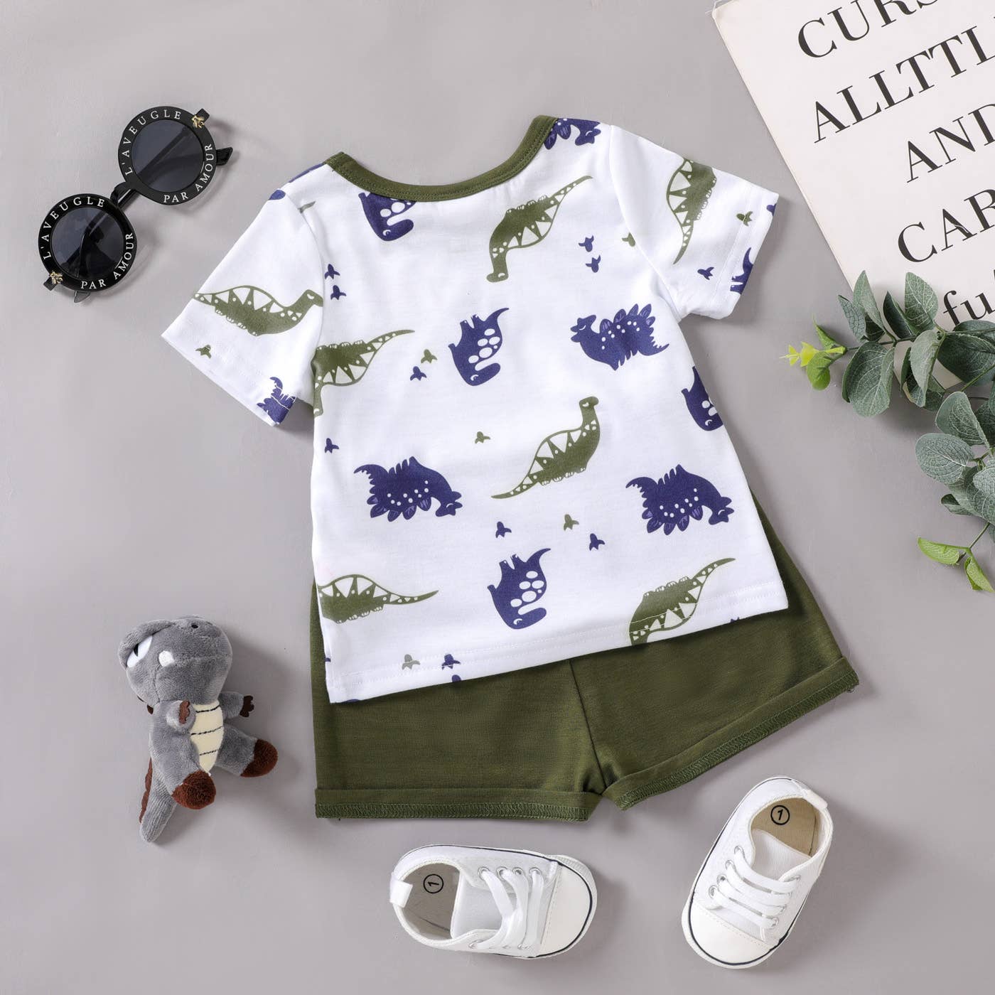 2pcs Baby Boy All Over Dinosaur Tee  Shorts Set: Army green / 18-24 Months