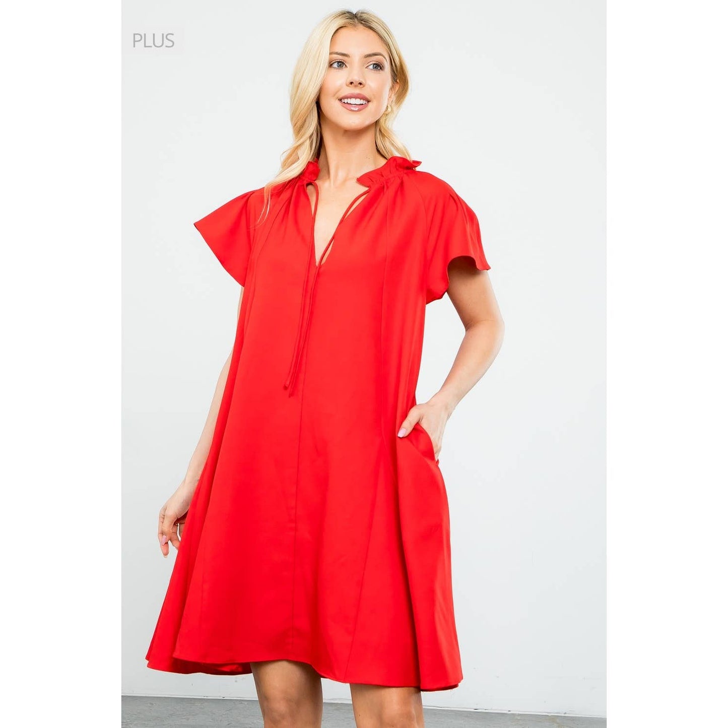 /Size XL/ Flutter Sleeve Split Tie Neck Casual Mini Dress: BLACK / XL