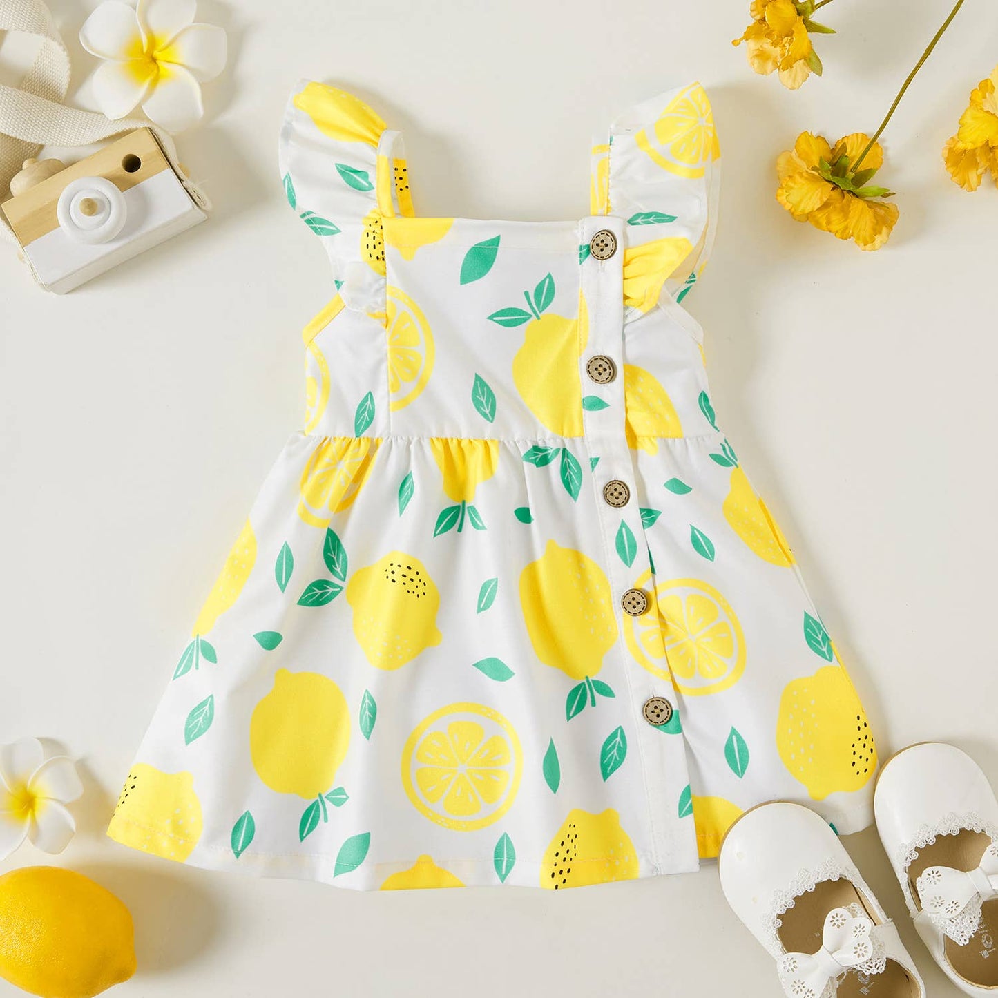 1pc Baby Girl Plaid&Lemon&Fruit Sweet Dress: Yellow / 12-18 Months