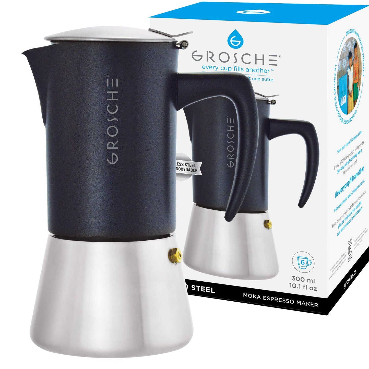 GROSCHE MILANO Steel Stovetop Espresso Maker - Black: 6 cup/9.3 oz