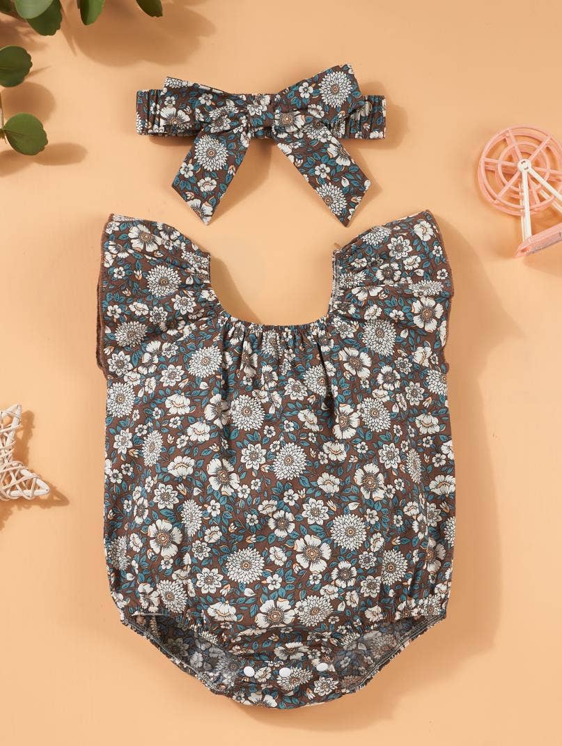Girl's Sleeveless Romper with Floral Design, 100% Cotton: Brown / 6-9 Months