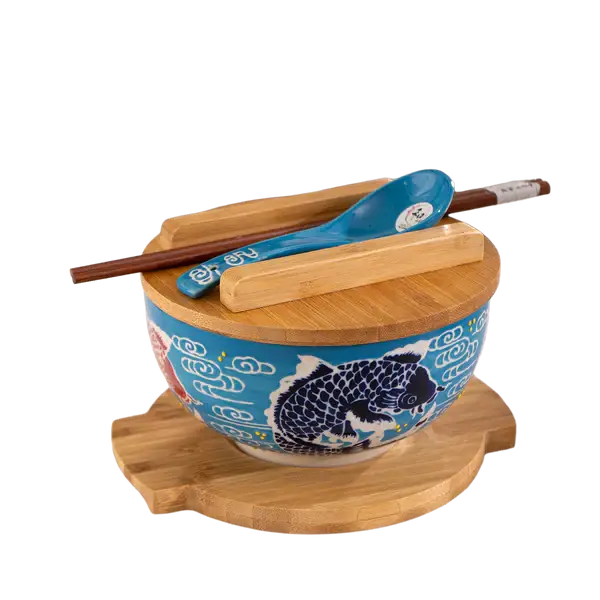 Japan Koi Fish Bowl w/ Chopsticks, Spoon, Lid and Trivet Set