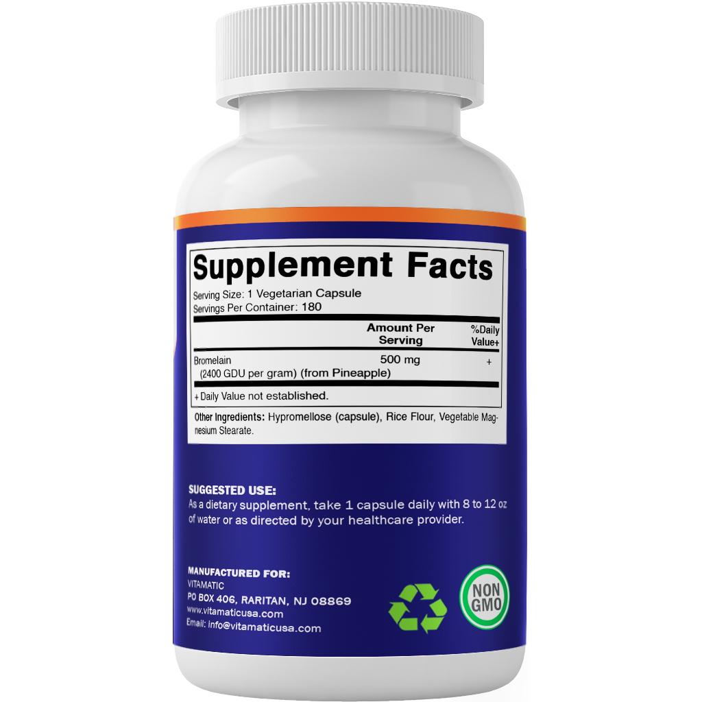Vitamatic Bromelain 500mg | 2400 GDU/g | 180 Capsules