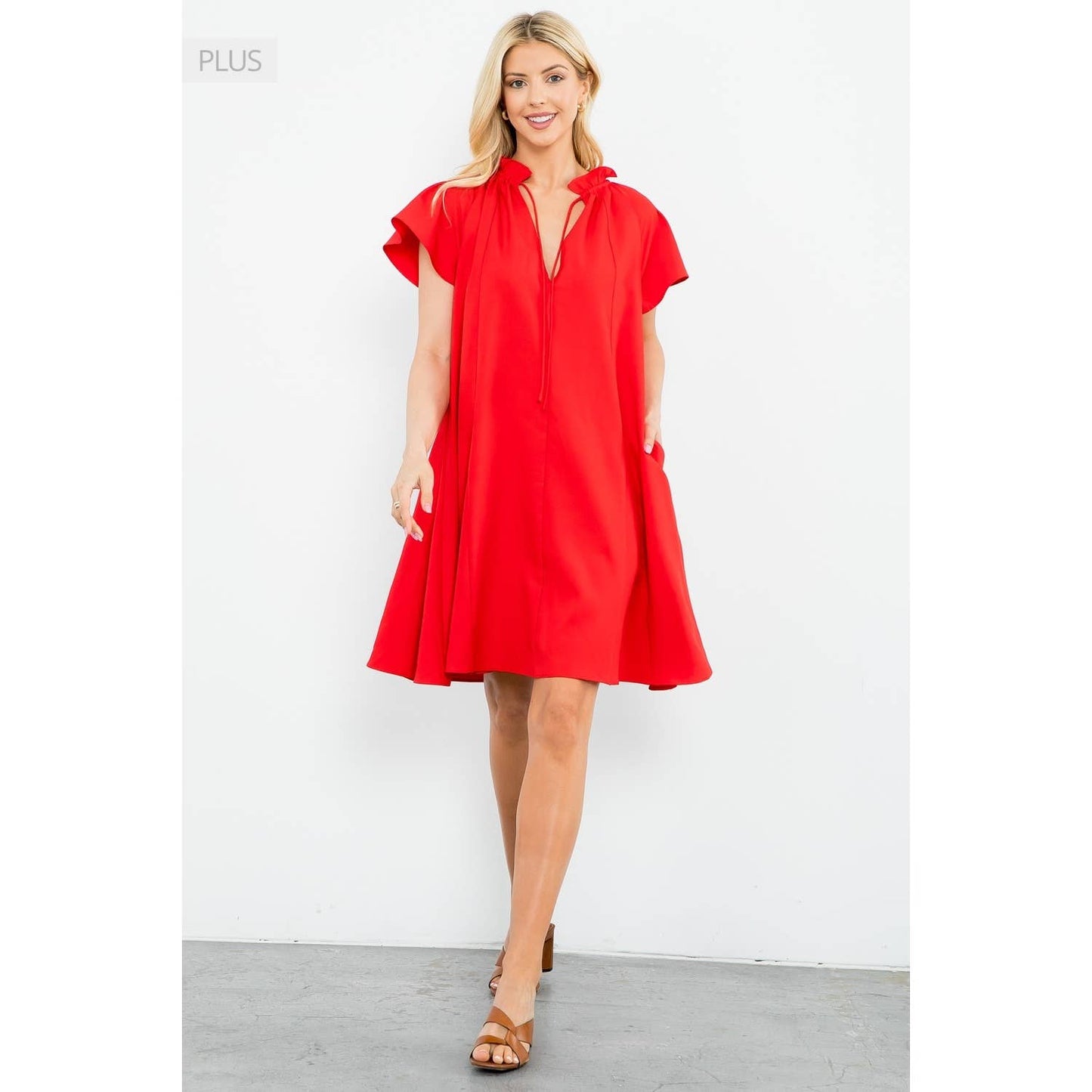 /Size XL/ Flutter Sleeve Split Tie Neck Casual Mini Dress: BLACK / XL