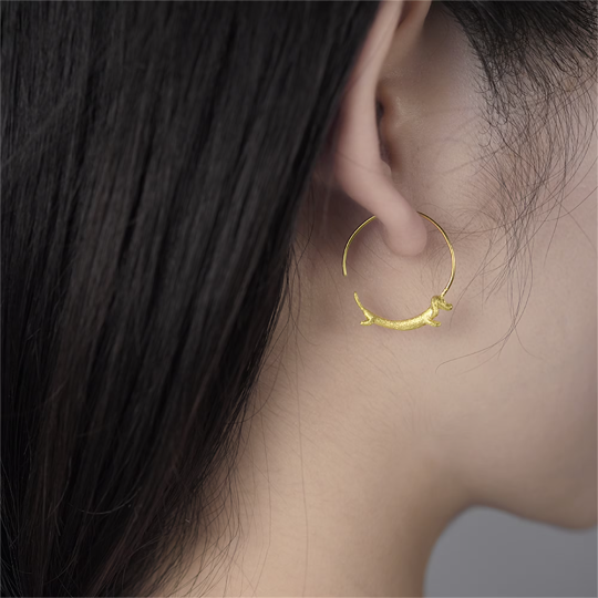 Cute Gold Dachshund Dog Hoop Earrings in 925 Sterling Silver: Gold