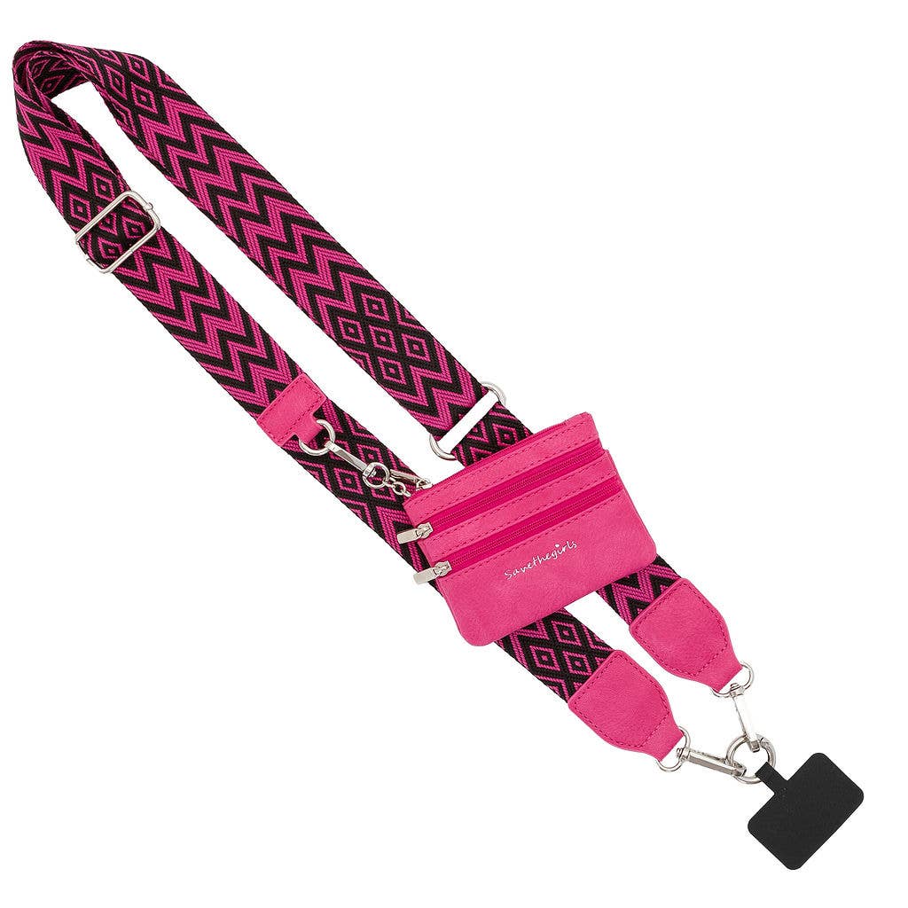 Clip & Go Crossbody Phone Lanyard - Chevron Collection: Hot Pink/Black - Pink Pouch