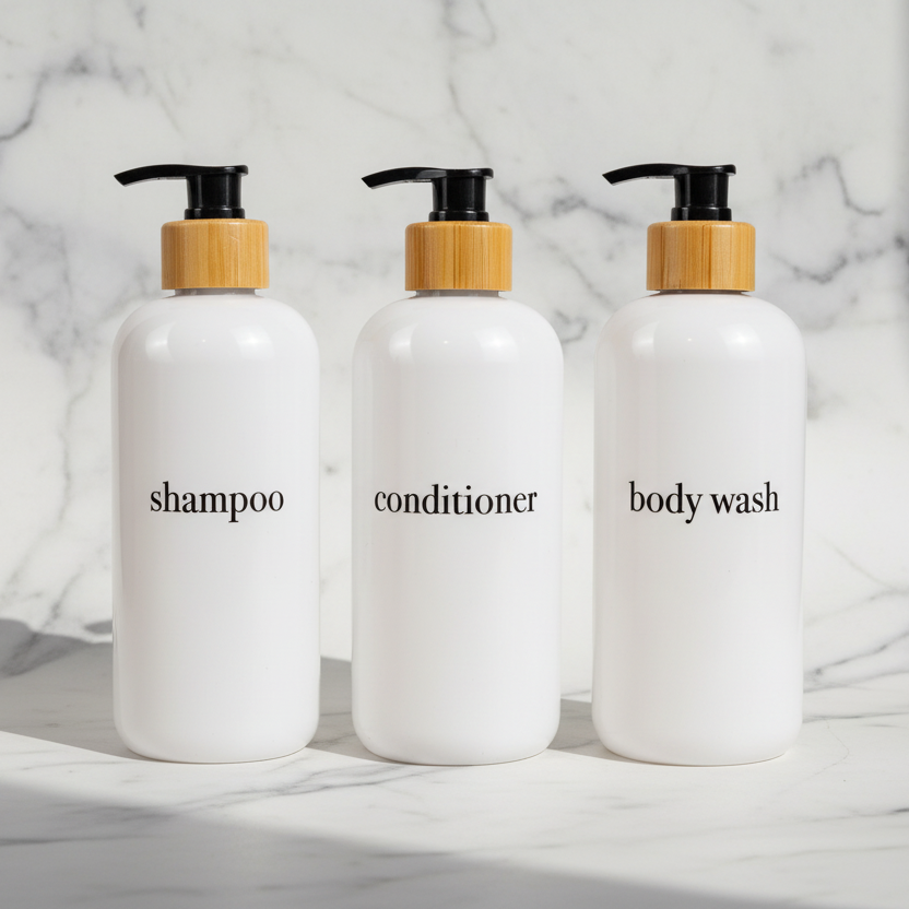 Shampoo & Conditioner Bottle Sets - Refillable | White Dispensers | Bamboo or Plastic Tops: White / Body Wash / Black / Plastic