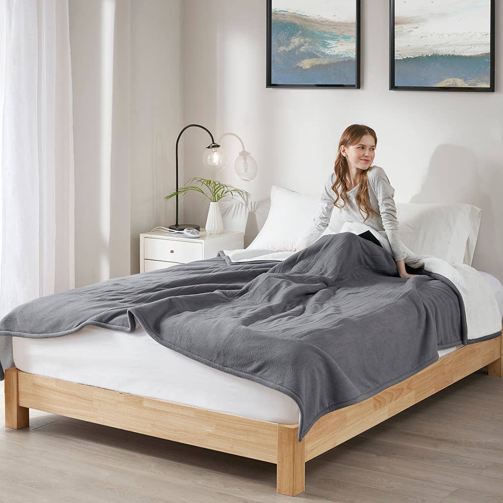 Heated Fleece & Sherpa Electric Bedding Blanket, Dark Grey: Queen