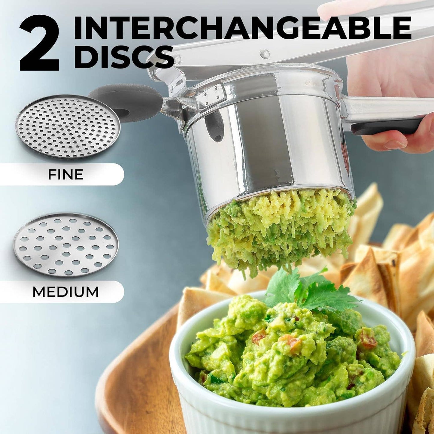 Premium Large 15oz Potato Ricer with 2 Interchangeable Discs: Silver/Black