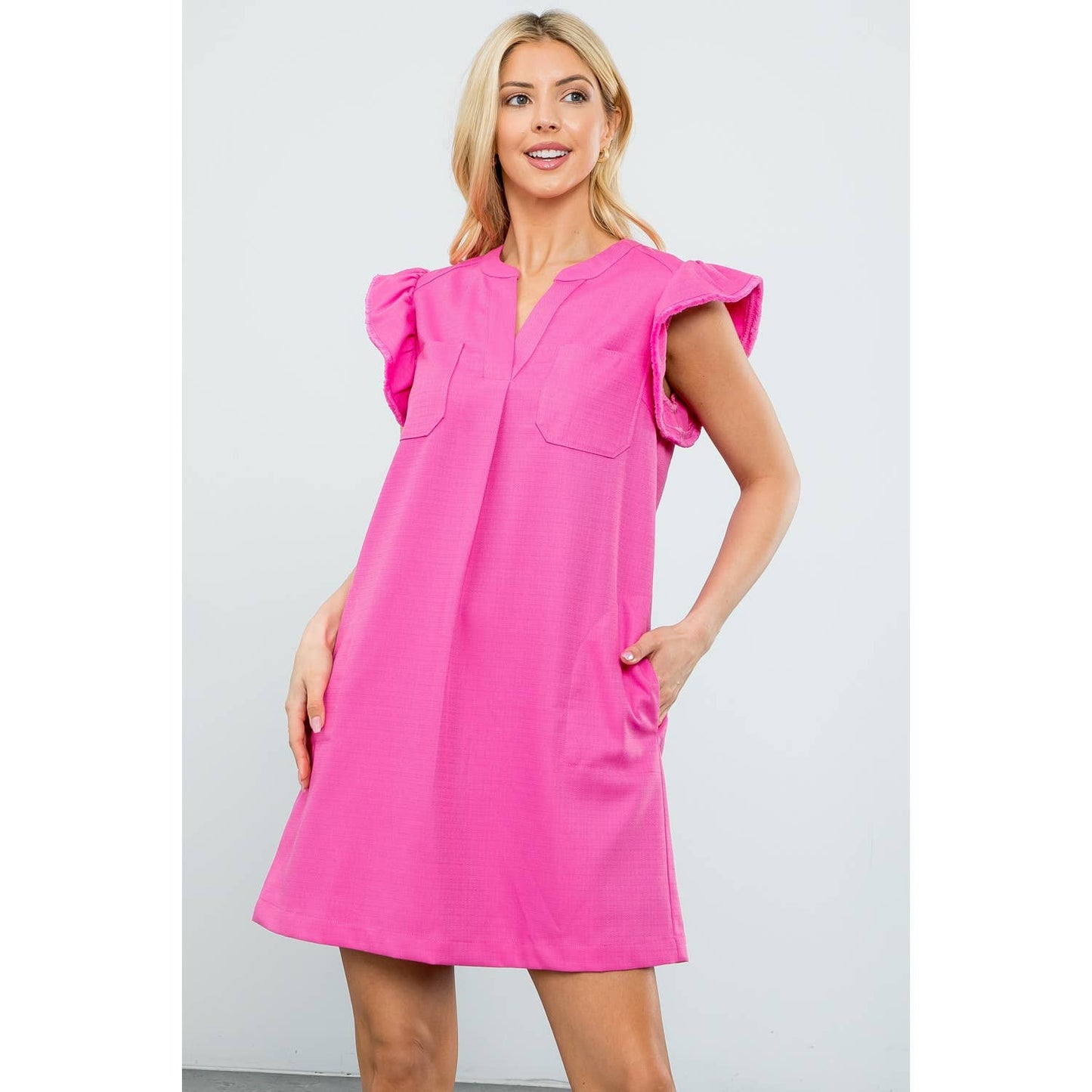 Flutter Sleeve Split V-Neck Mini Shift Dress: CREAM / XS-S-M-L(1-2-2-1)