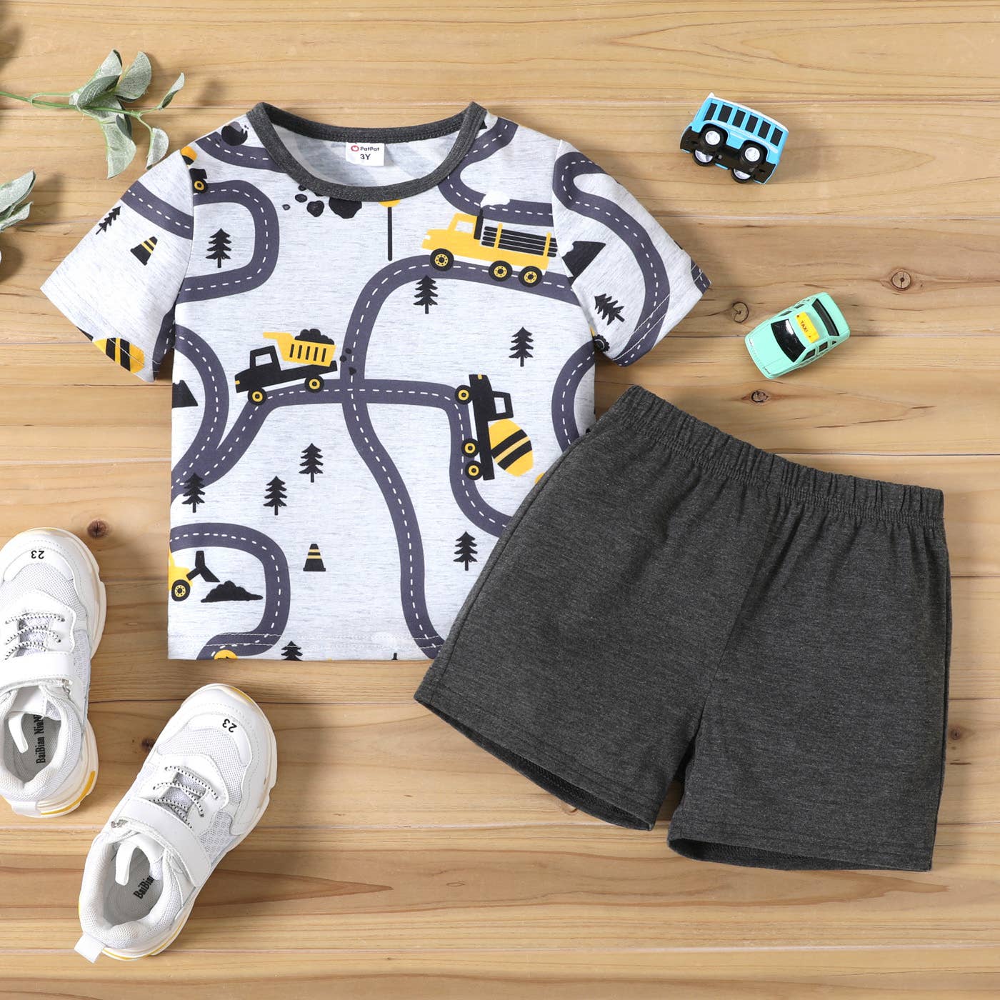 Toddler/Kid Boy Tops and Shorts Set with Vehicle Pattern: Gray / 3-4T