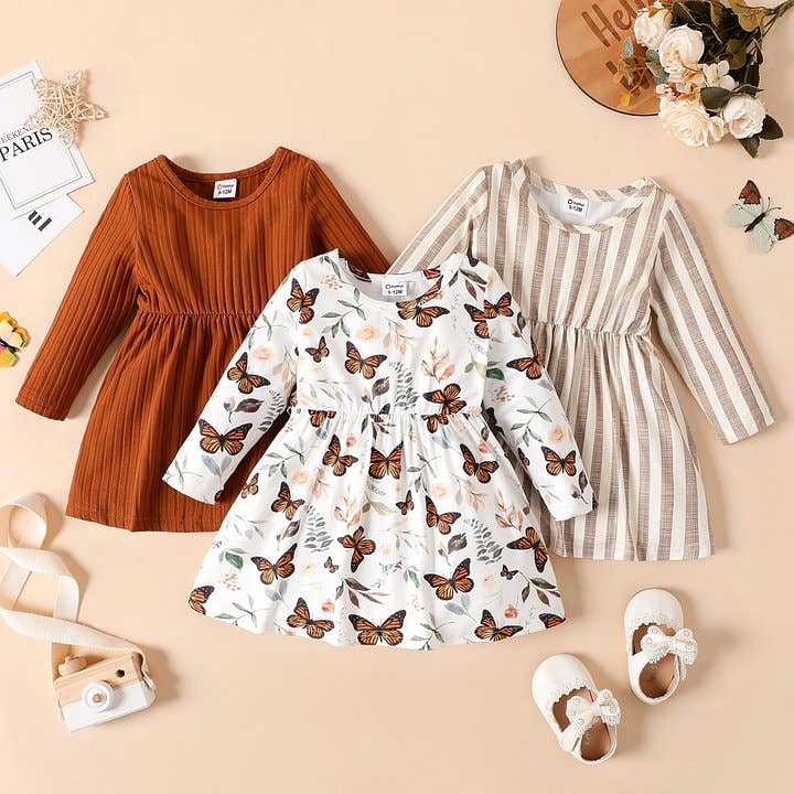 Baby Girl Ribbed Brown/White/Striped Long-sleeve Dress: Brown / 9-12 Months