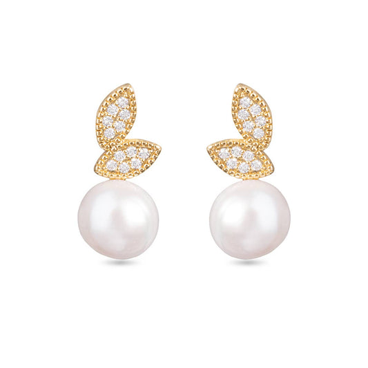CZ Leaf with Pearl Earrings -  Gold - AMANDA BLU