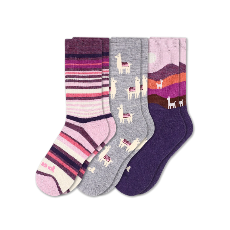 Women's Crew Pacas Socks: ALPACA TRIBAL/Blackberry & THISTLE WINTER ALPACAS & HEARTS/Ivory / Medium / Large (US: 8.5 - 11.5+)
