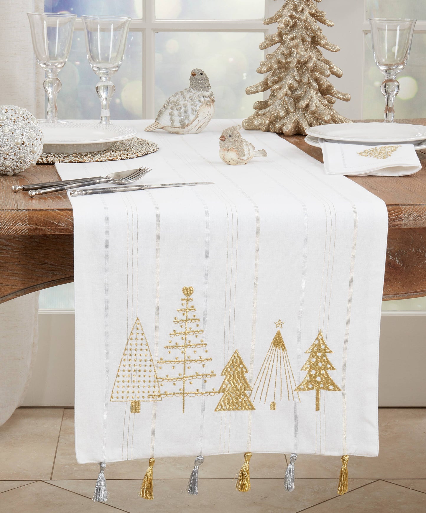 Christmas Trees Runner - Gold and Silver Tassels: Gold / 16"x72"