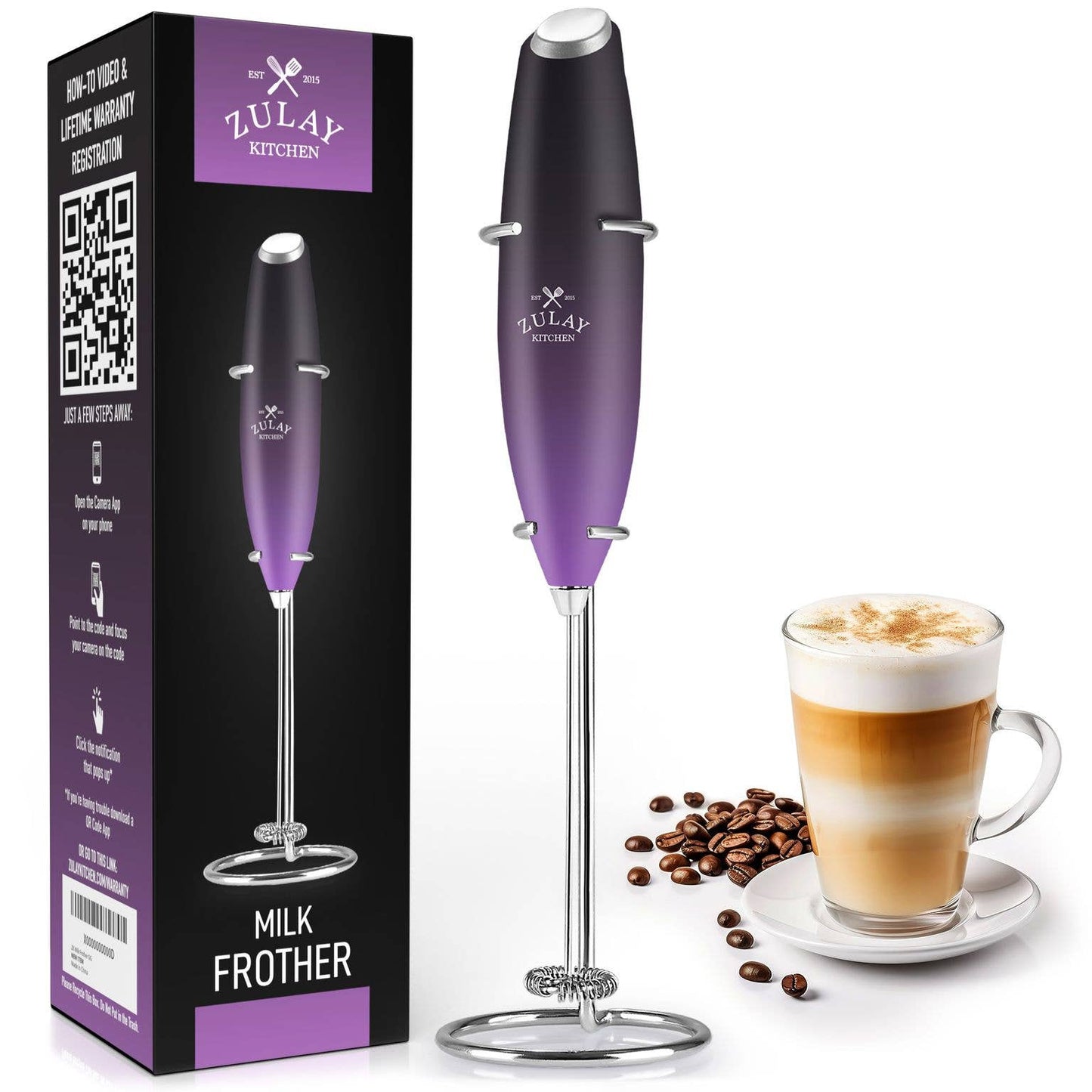 Powerful Handheld Milk Frother - With Stand: Black