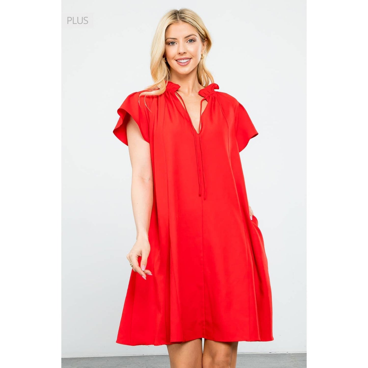 /Size XL/ Flutter Sleeve Split Tie Neck Casual Mini Dress: BLACK / XL