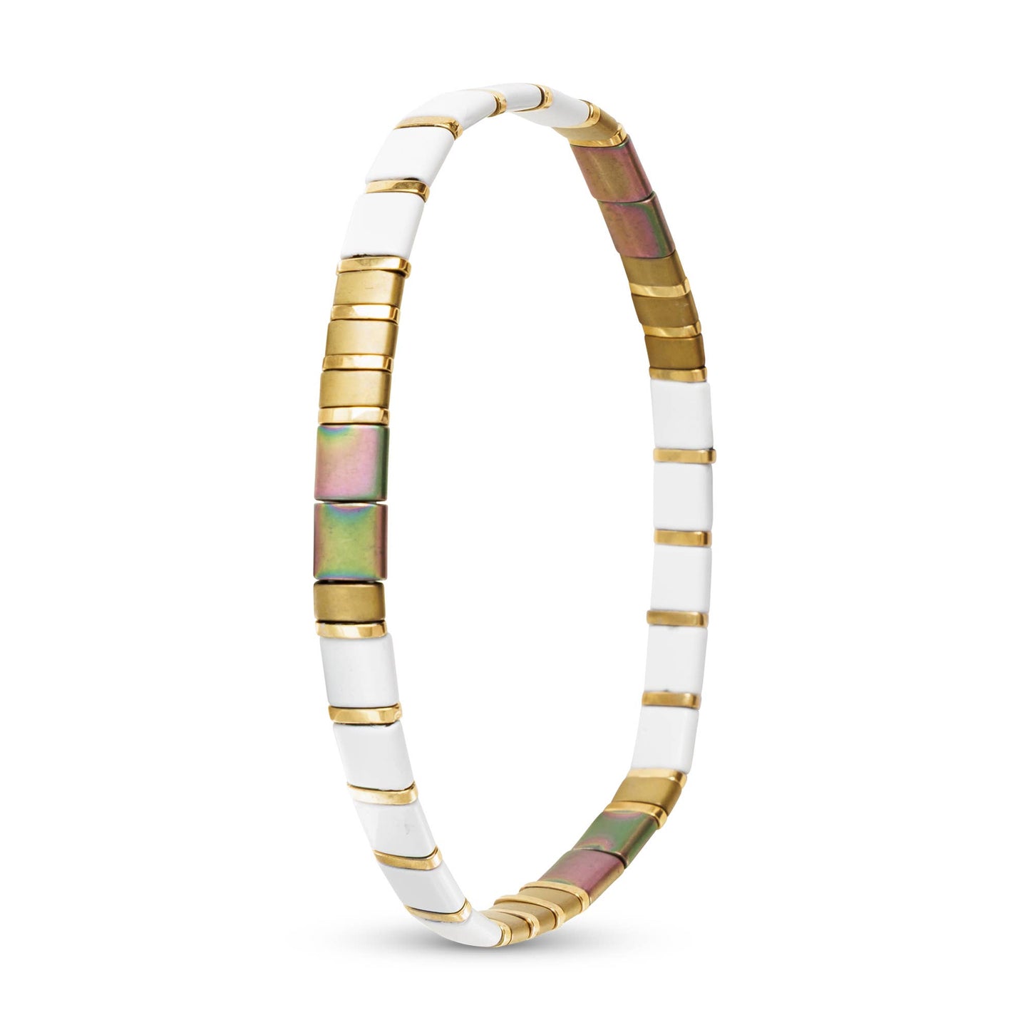 Gold Flat Bead Stretch Bracelet: White & Metallic