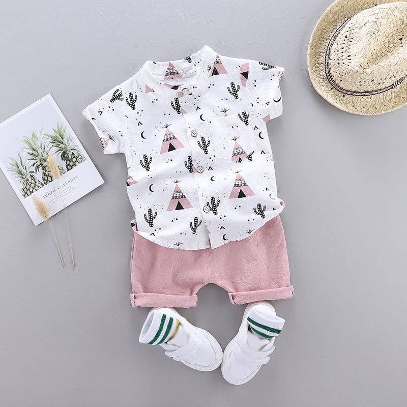 Cactus Print Short-sleeve Shirt and Pants Set: Blue / 9-12 Months