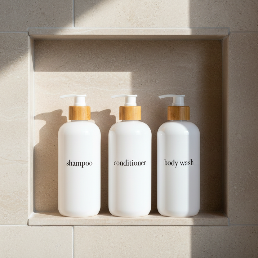 Shampoo & Conditioner Bottle Sets - Refillable | White Dispensers | Bamboo or Plastic Tops: White / Face Wash / Black / Plastic