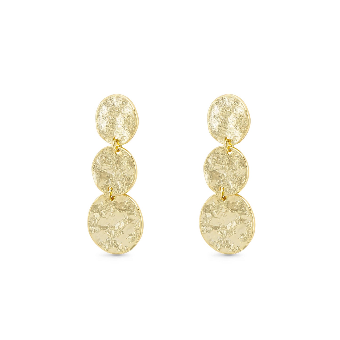 Gold Polished Hammered Triple Disc Drop Earrings