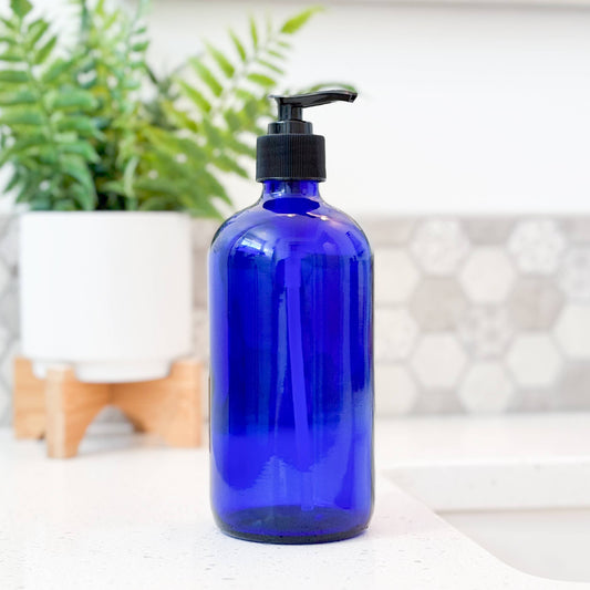 16oz Empty Blue Glass Lotion/Soap Bottle