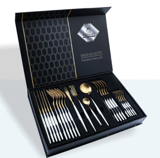 24pcs Tableware Set: Black Gold