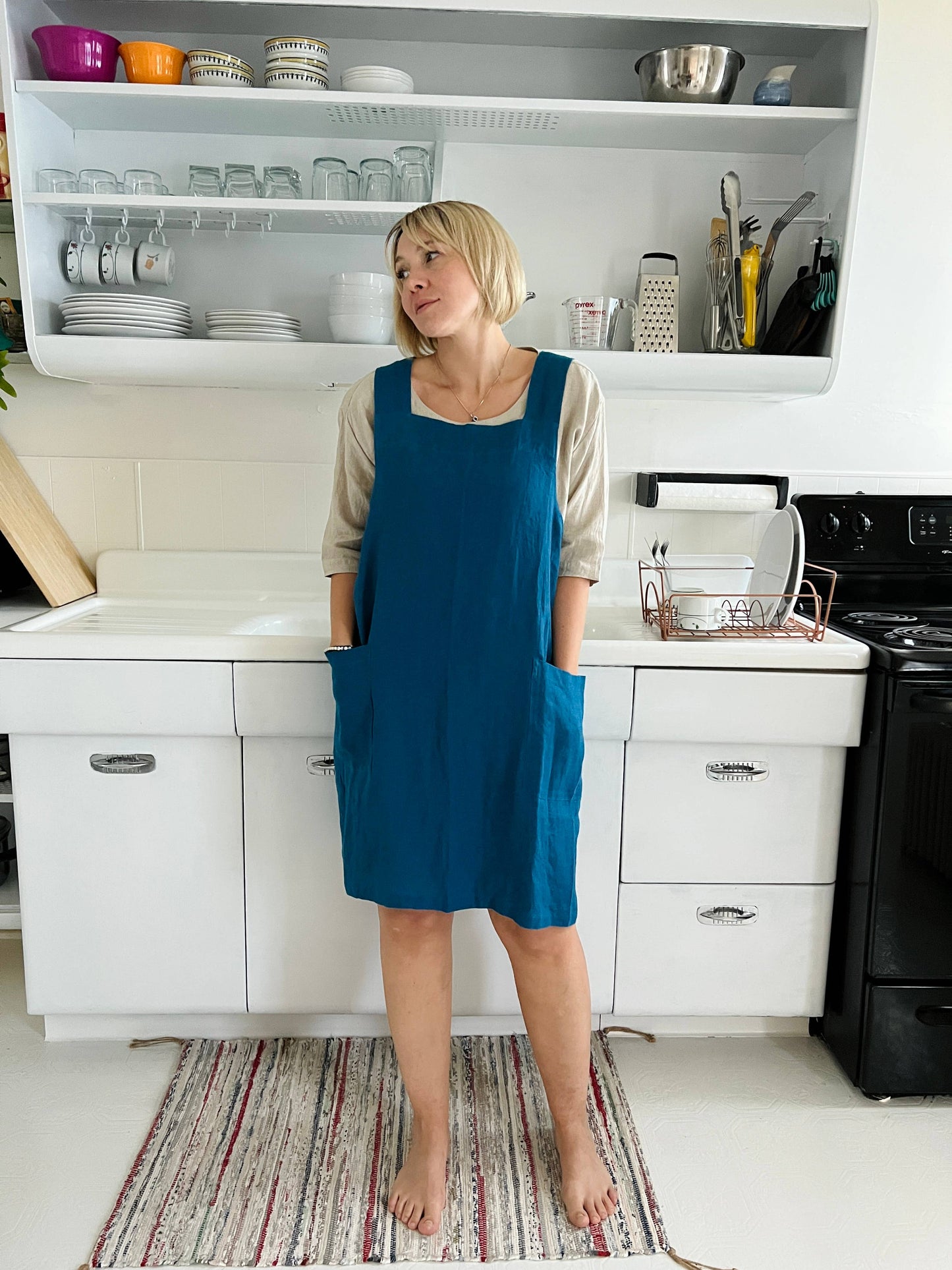 Linen Pinafore ( Japanese Apron): Marine blue / One Size ( US 14 and up or for oversized/loose look)