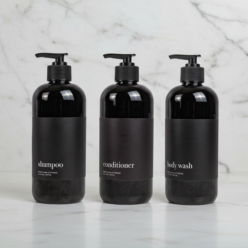 Black Minimalist Shower Dispenser Bottles - Manhattan Collection, Black Matte Label | Black Glossy Bottle: Body Wash / Black Bamboo