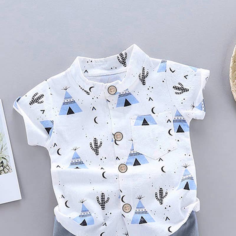 Cactus Print Short-sleeve Shirt and Pants Set: Green / 3 Years