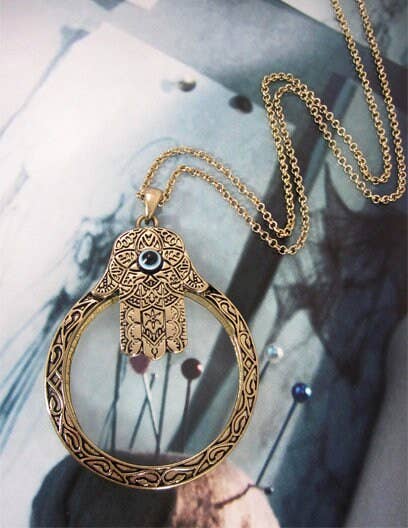 Hamsa  6 Times Magnifier Magnifying Glass Pendant Necklace: Antique Gold