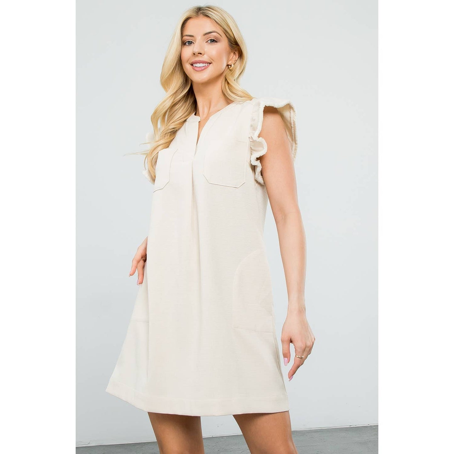 Flutter Sleeve Split V-Neck Mini Shift Dress: CREAM / XS-S-M-L(1-2-2-1)