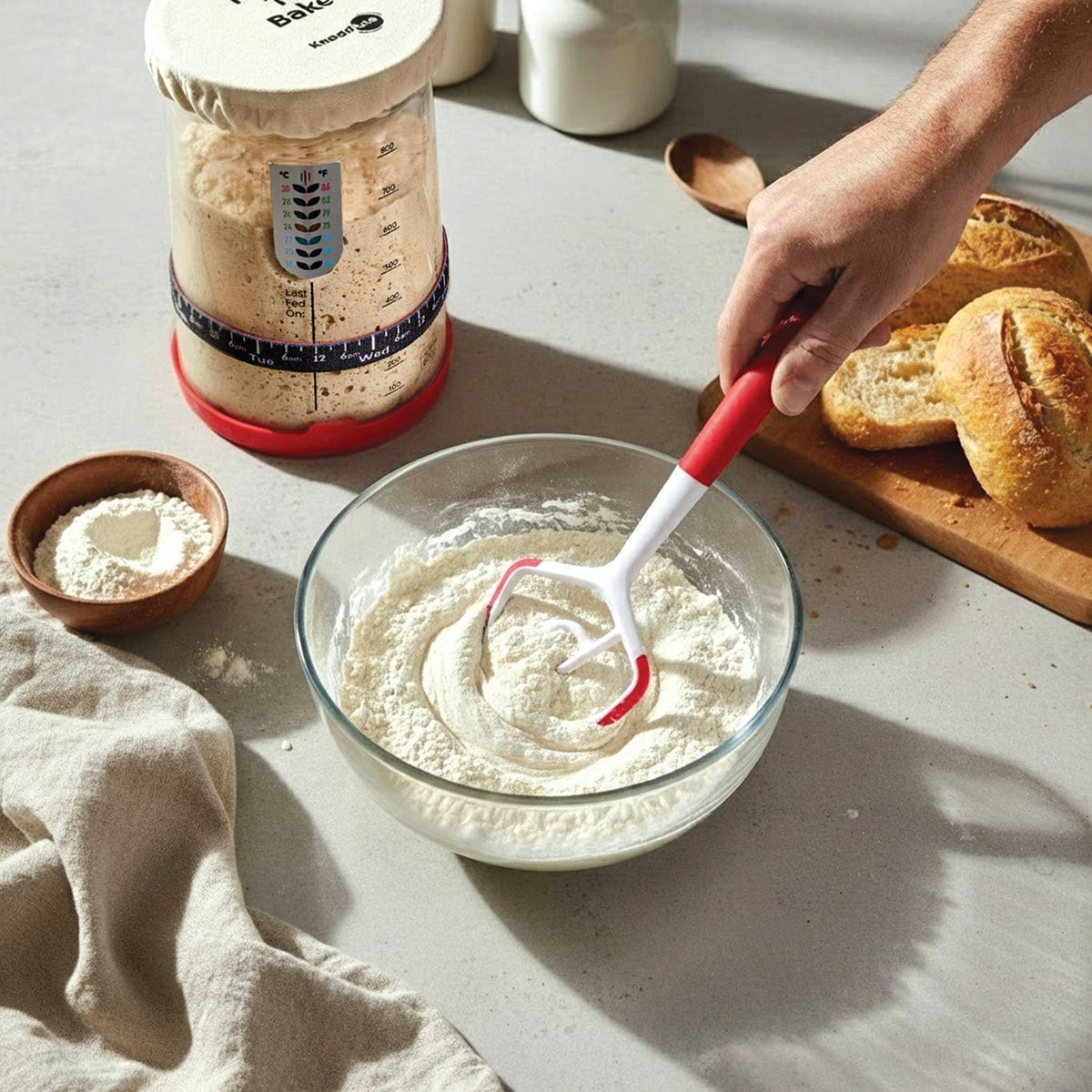KneadAce Dough Wand, Danish Dough Whisk: White / Red