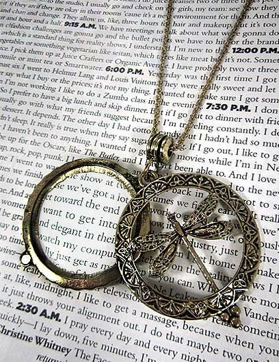 Dragonfly 6x Magnifier Glass Top - Necklace Design: Antique Gold