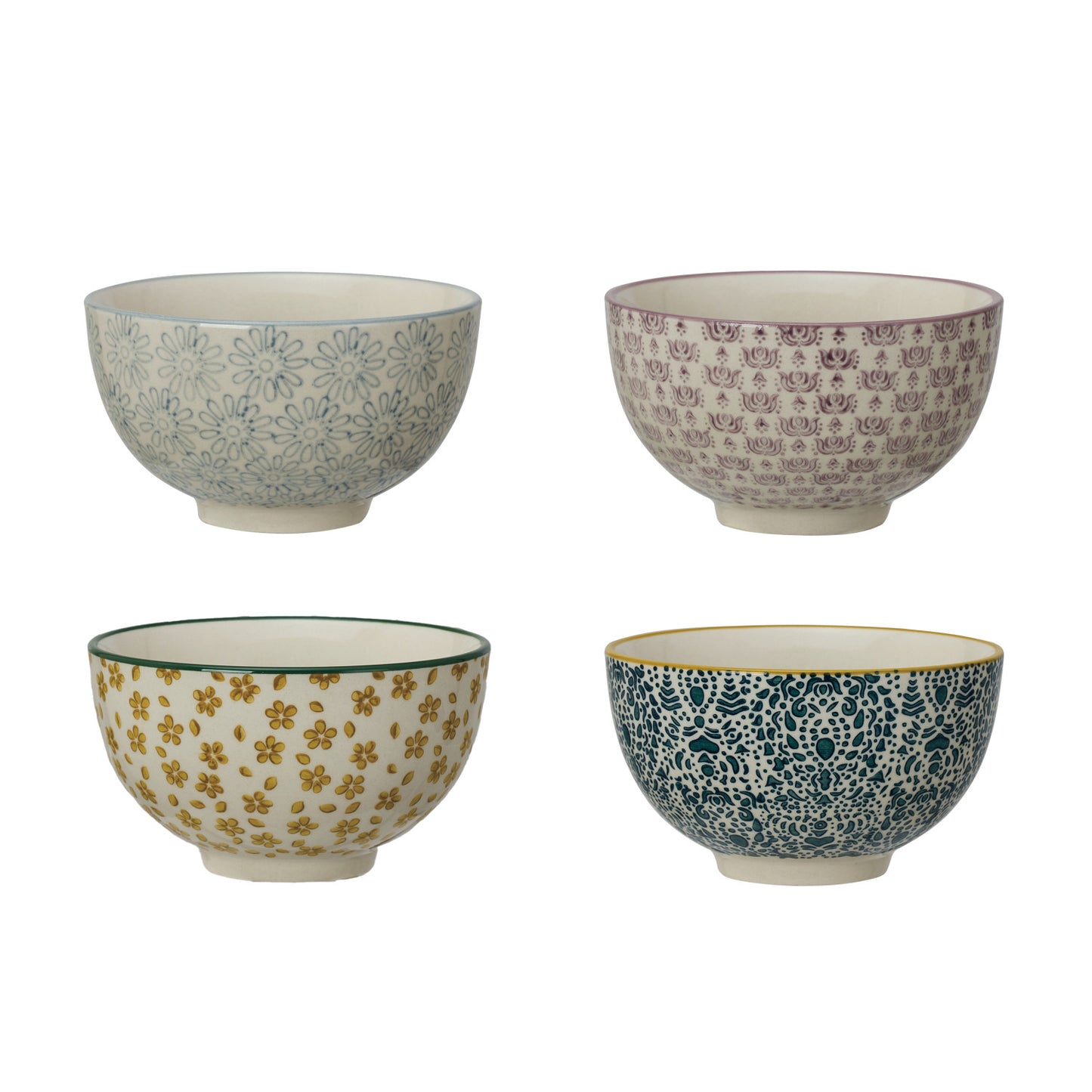 Hand-Stamped Stoneware Bowl with Patterns - 4 Styles