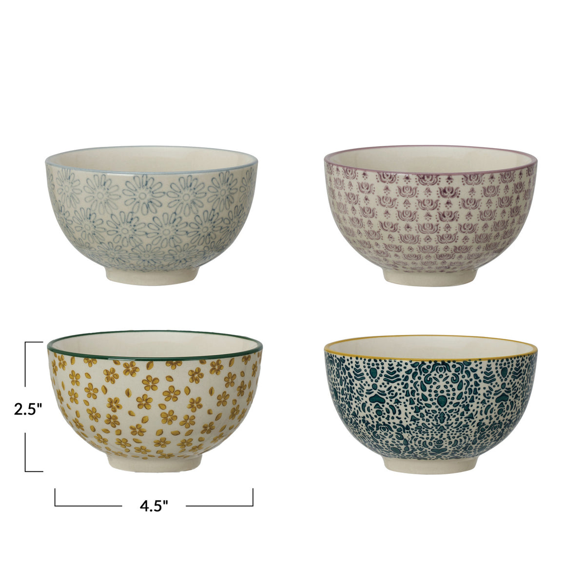 Hand-Stamped Stoneware Bowl with Patterns - 4 Styles