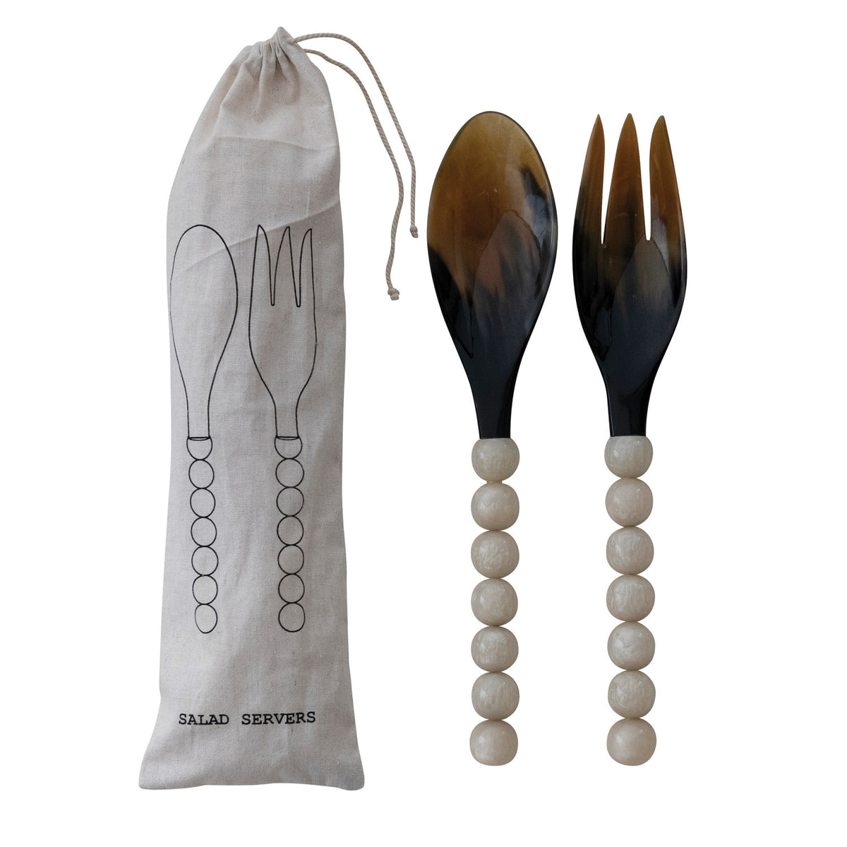Natural Horn Salad Servers with Resin Handles - Set of 2 in Bag