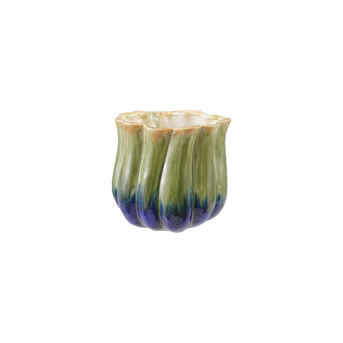 Stoneware Two-Tone Fluted Planter, Green & Blue (Holds 4" Pot)