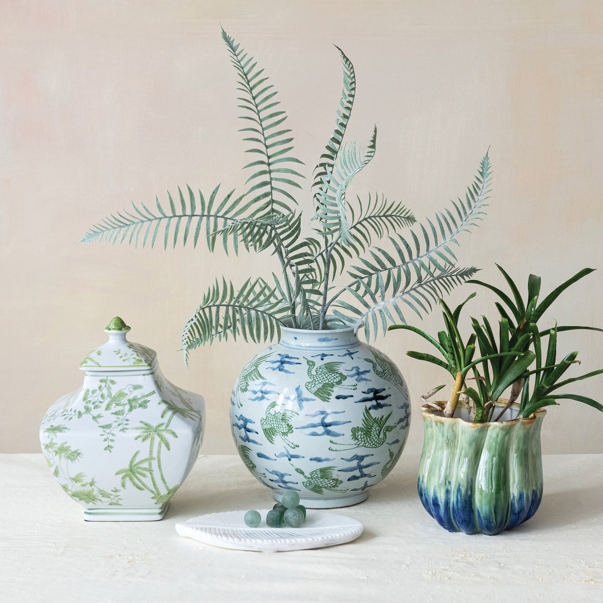 Stoneware Two-Tone Fluted Planter, Green & Blue (Holds 4" Pot)