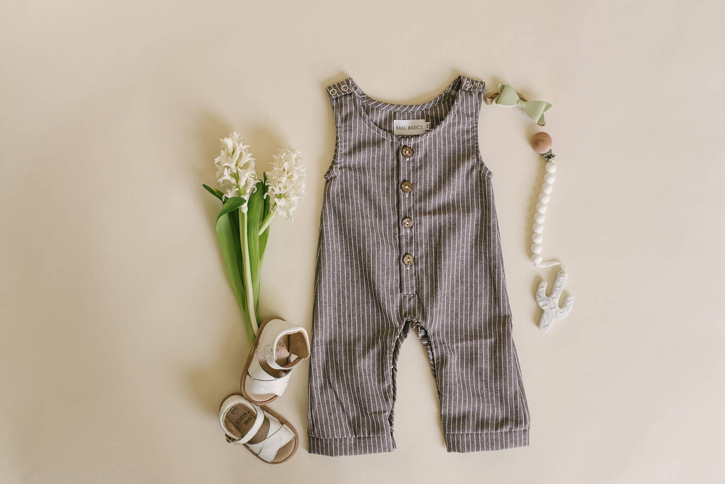 Grey Striped Linen Romper: 0-3m