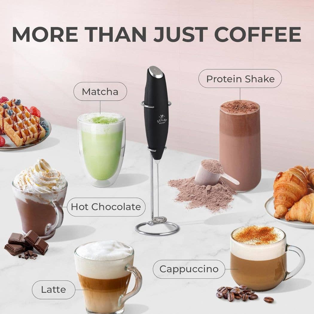 Powerful Handheld Milk Frother - With Stand: Black