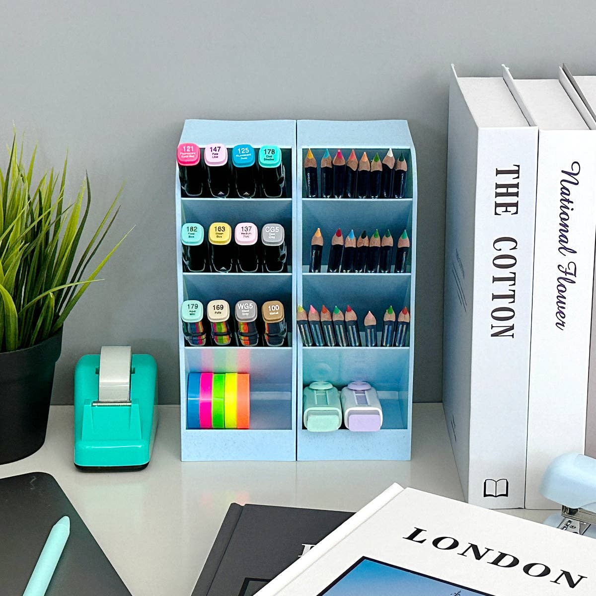 Wrapables Pen Organizer with 4 Compartments Desktop Storage: Large (2pcs) / Clear